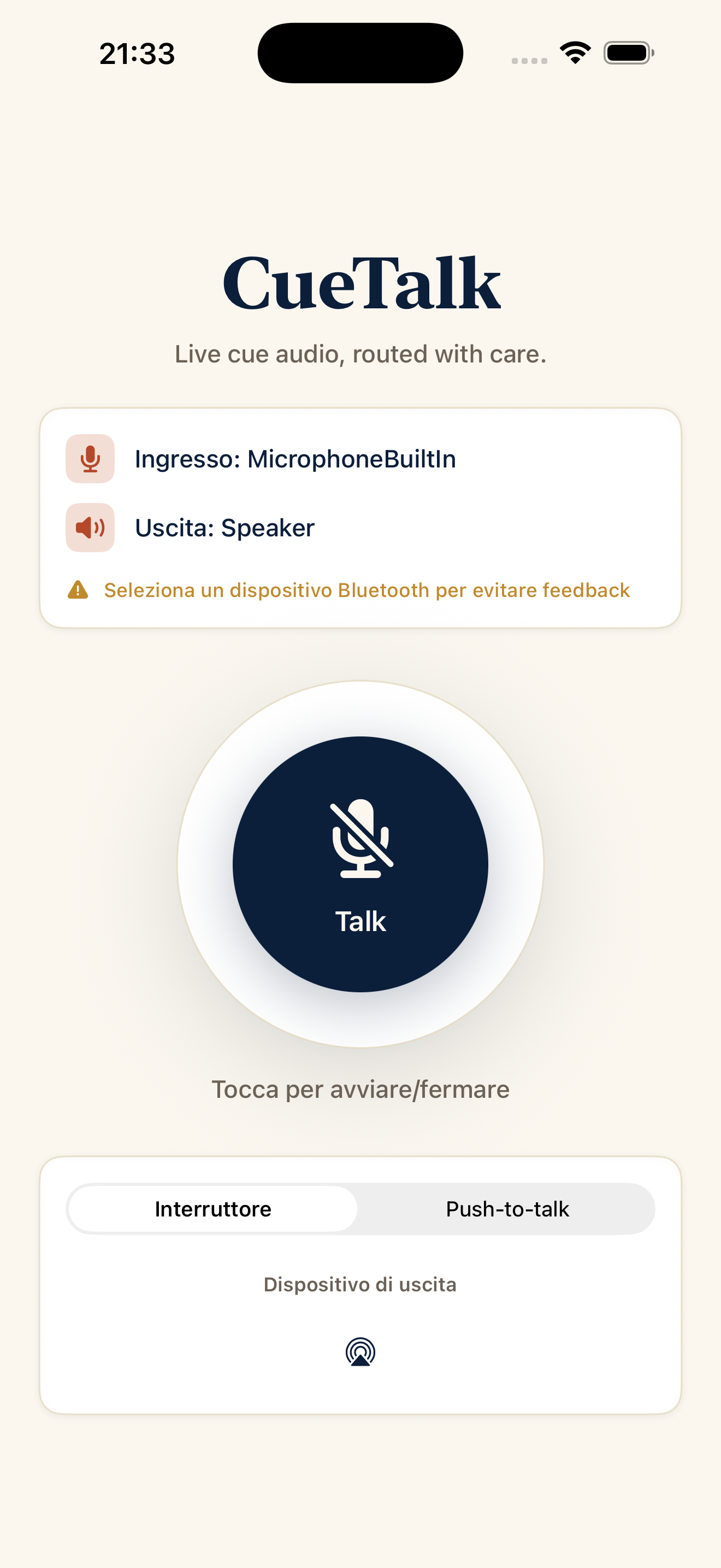Schermata CueTalk con un suggerimento per una presentazione